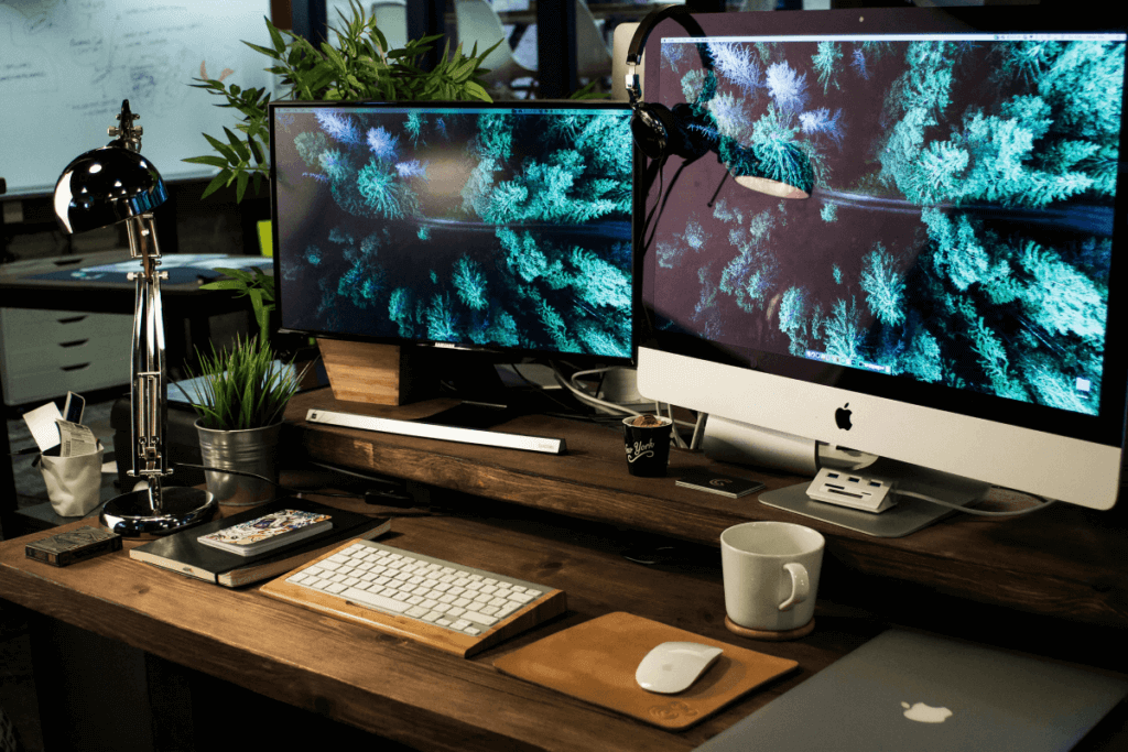Stylish dual-monitor setup with a natural wood desk and greenery.