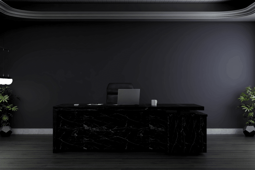 Black Executive Office Desk with a black chair in a dark room with plants
