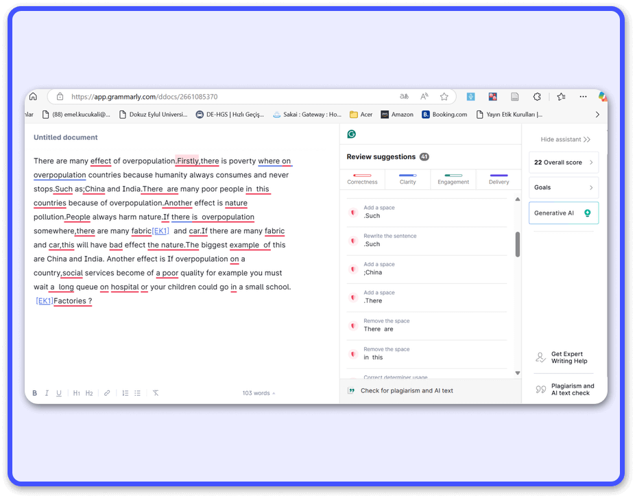 Screenshot of the Grammarly Software, which helps with literacy and grammar. It can be used in both, office and remote work