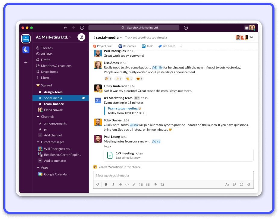 Screenshot of the Slack Software Product. Workers primarily use this "hub" while working remotely. However, companies can use Slack also in office.