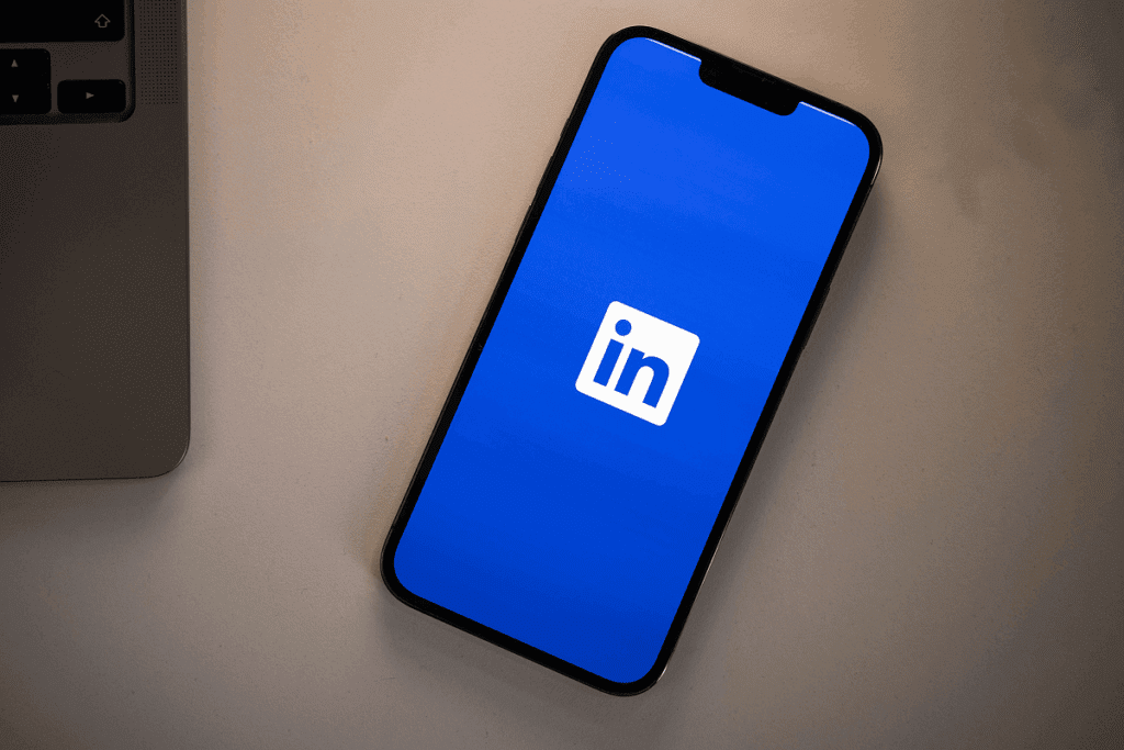 A smartphone displaying the LinkedIn logo on its screen, placed next to a laptop, illustrating how to network with people using digital platforms.