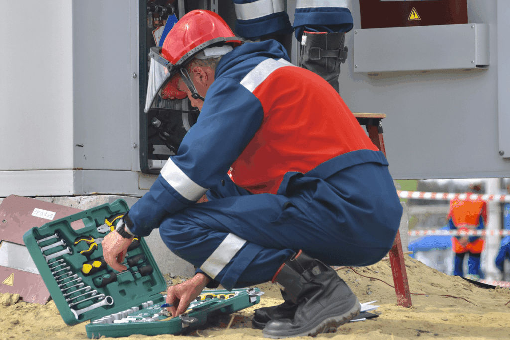 An electrician in a red hard hat and blue uniform crouches to select tools from a green toolkit near an electrical box, showcasing a key step in how to become an electrician.
