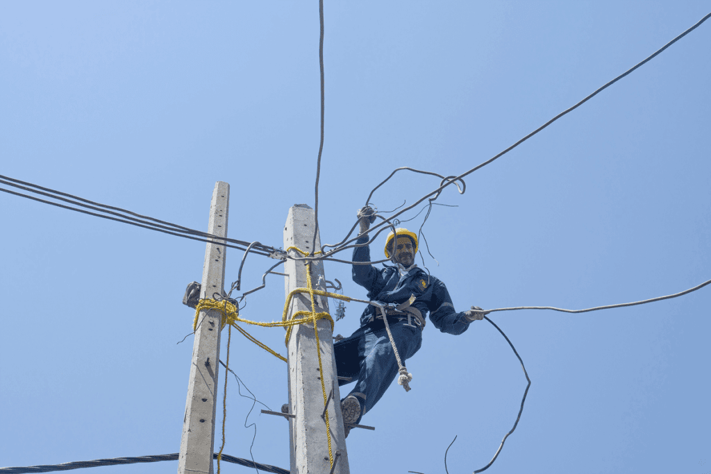 An electrician in a blue uniform and orange hard hat works on a utility pole, surrounded by wires, demonstrating skills relevant to how to become an electrician.