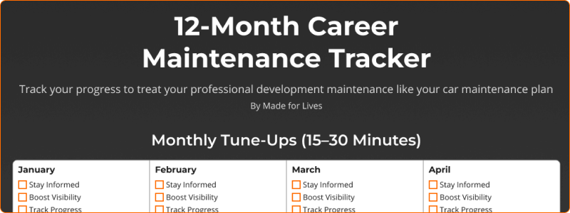12-Month Career Maintenance Tracker with monthly and quarterly task sections in a dashboard-style layout for career planning.