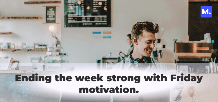 Smiling barista in a coffee shop with the text 'Ending the week strong with Friday motivation' - workplace positivity